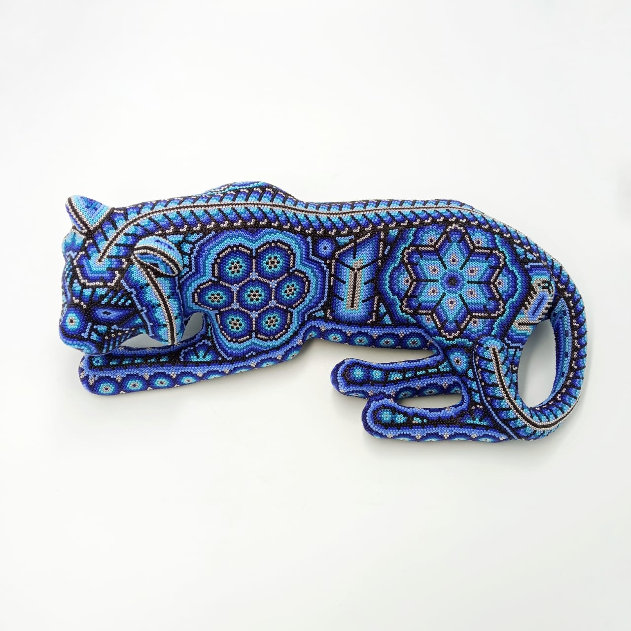 Mexican Folk Art Jaguar Paper Mache Form With  Glass Beads Glued Pemanently With Expoxy Glue  By Octaviano Lopez PP6715