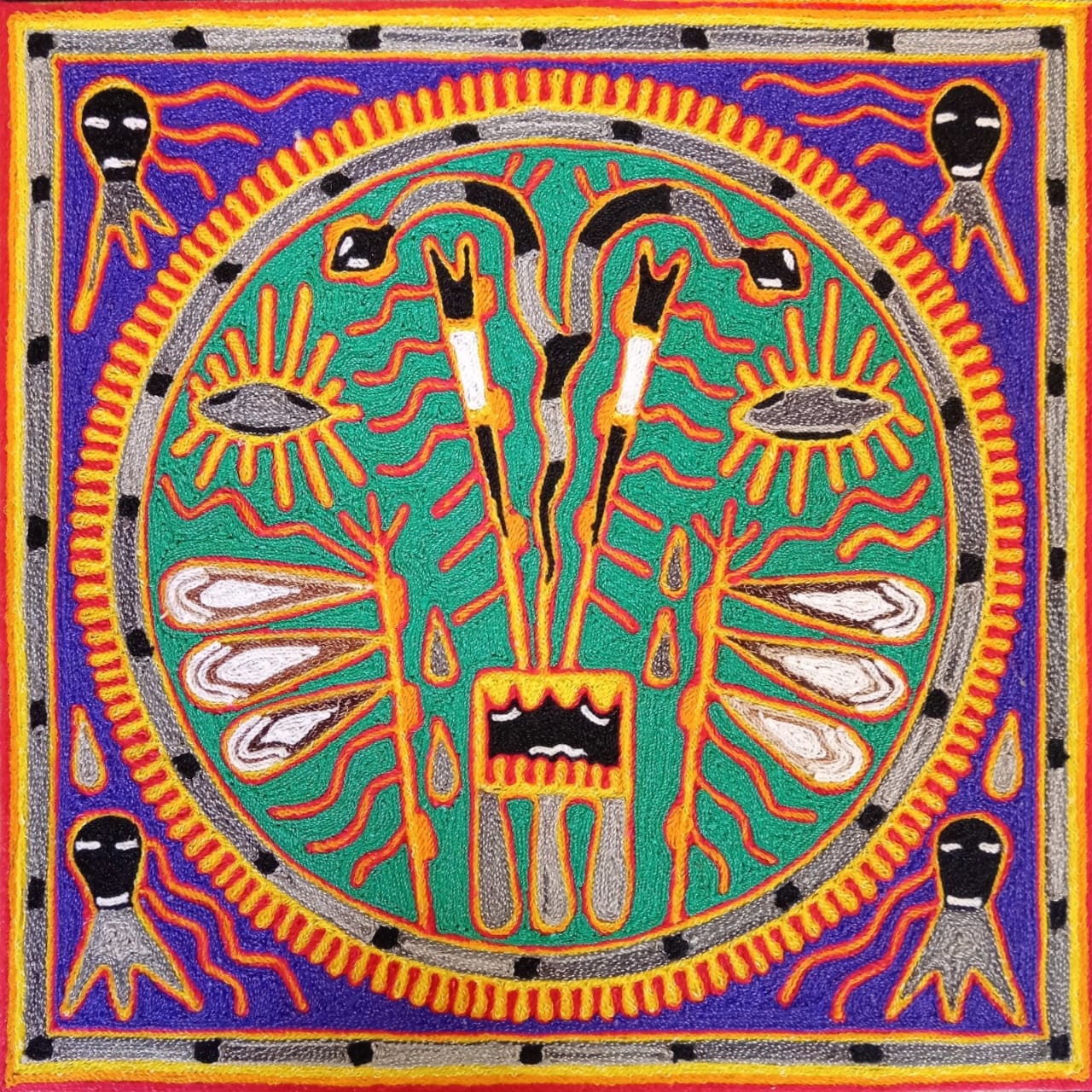 Huichol Indian Mexican Folk Art Yarn Painting  by Silverio Gonzalez Rios PP6911