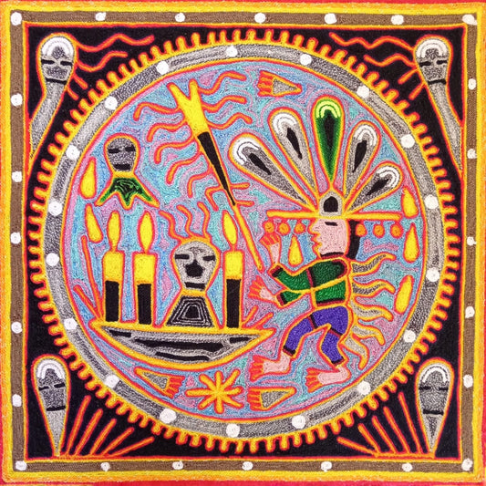 Huichol Indian Mexican Folk Art Yarn Painting  by Silverio Gonzalez Rios PP6914