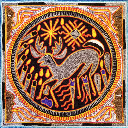 Huichol Indian Mexican Folk Art Yarn Painting  by Silverio Gonzalez Rios PP6909