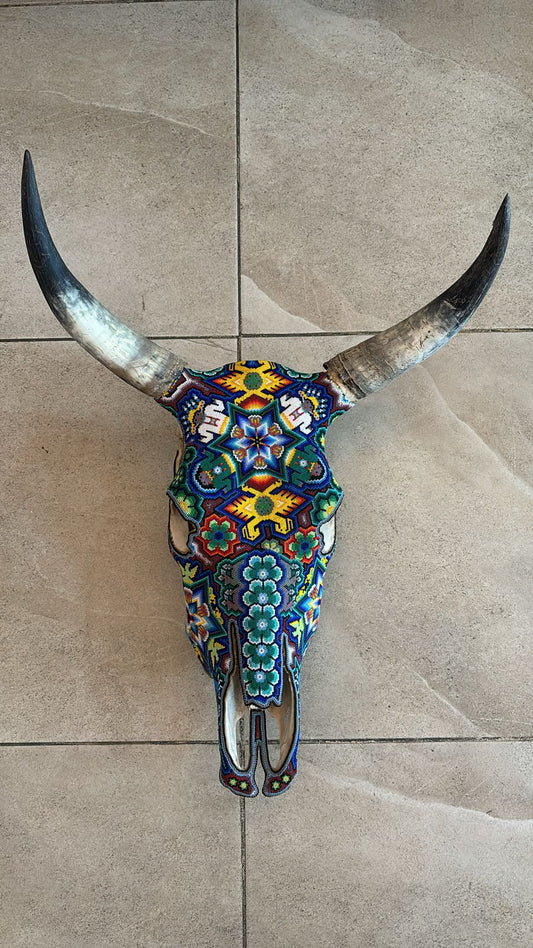 Exceptional Huichol Indian Hand Beaded Mexican Folk Art Authentic Bull Skull By Honorio Villa Lopez PP6880