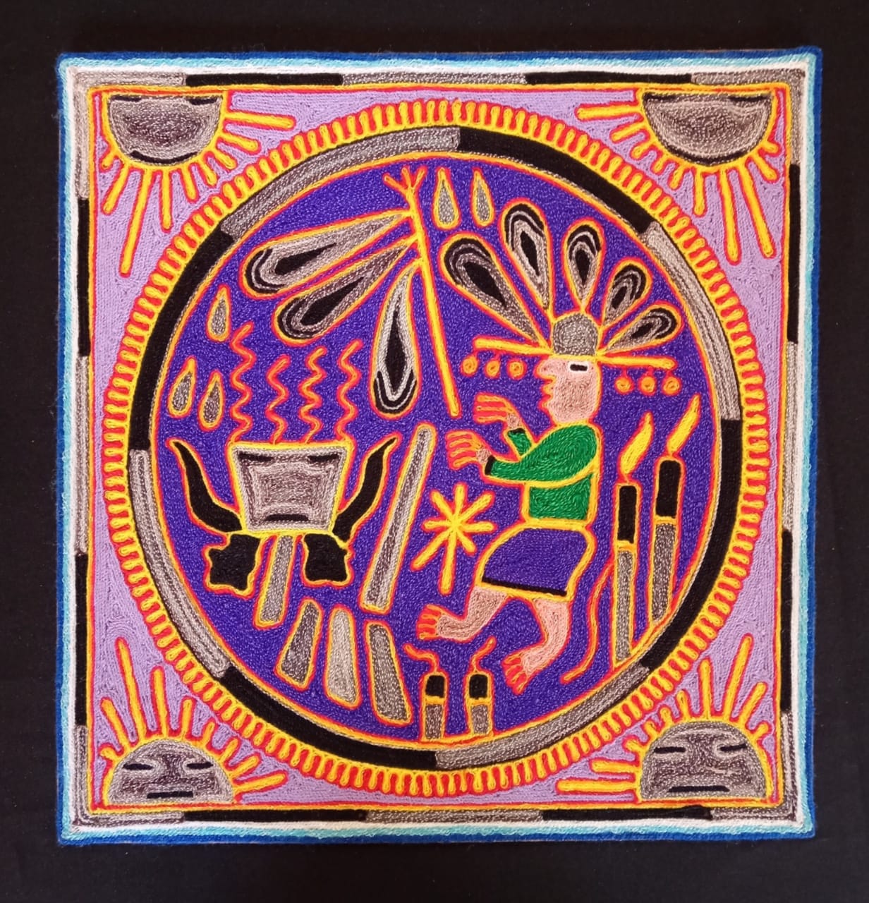 Huichol Indian Mexican Folk Art Yarn Painting  by Silverio Gonzalez Rios PP6928