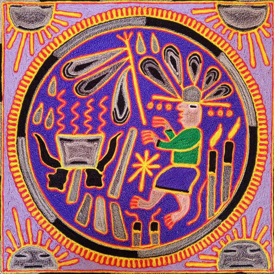 Huichol Indian Mexican Folk Art Yarn Painting  by Silverio Gonzalez Rios PP6928