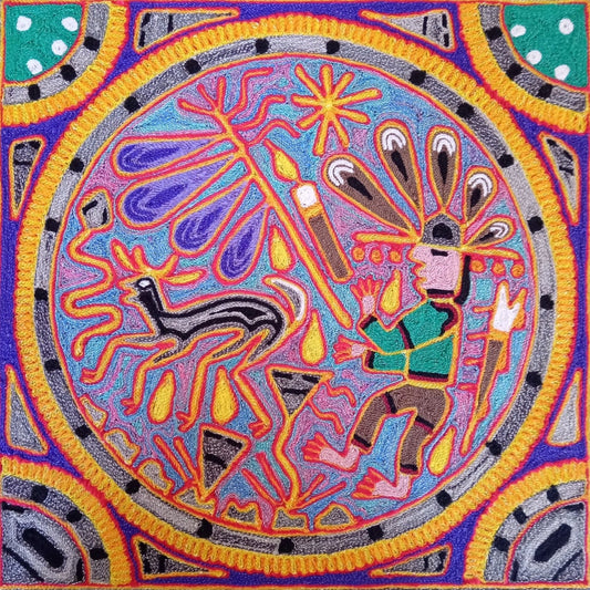 Huichol Indian Mexican Folk Art Yarn Painting  by Silverio Gonzalez Rios PP6926