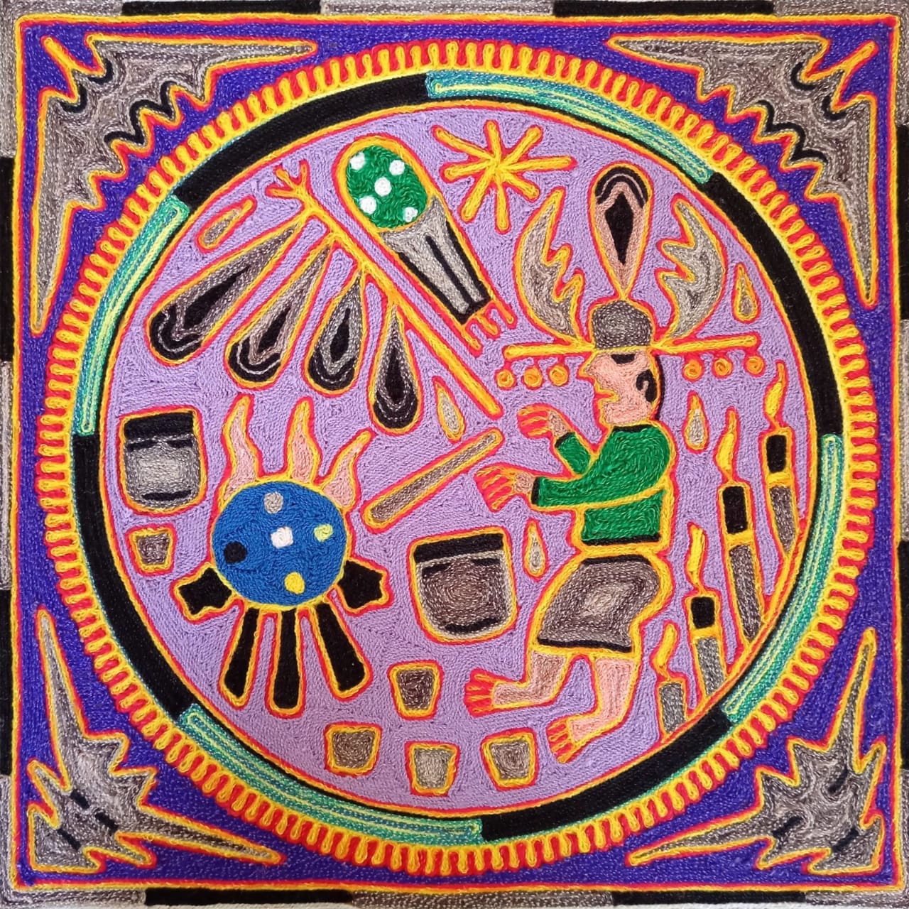 Huichol Indian Mexican Folk Art Yarn Painting  by Silverio Gonzalez Rios PP6923