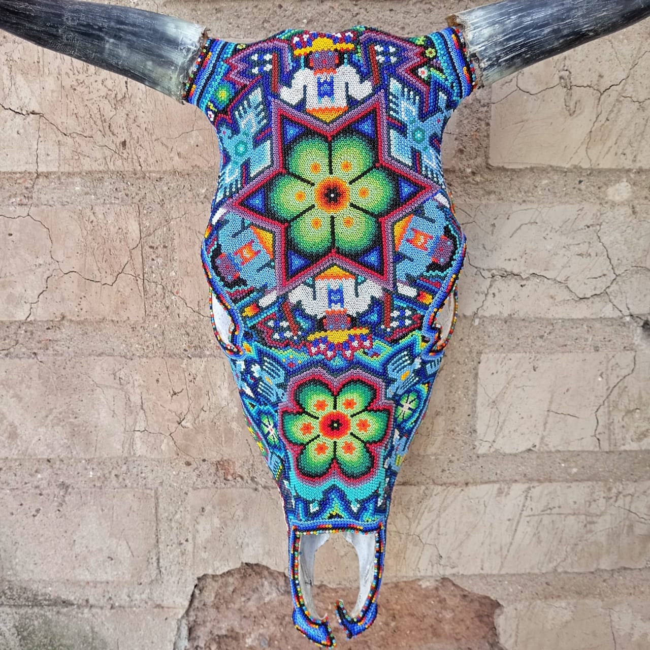 Exceptional Huichol Indian Hand Beaded Mexican Folk Art Authentic Bull Skull By Jose Manuel Ramirez  PP6996