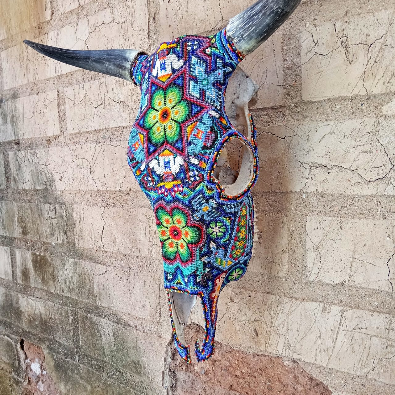 Exceptional Huichol Indian Hand Beaded Mexican Folk Art Authentic Bull Skull By Jose Manuel Ramirez  PP6996