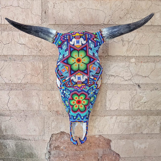 Exceptional Huichol Indian Hand Beaded Mexican Folk Art Authentic Bull Skull By Jose Manuel Ramirez  PP6996