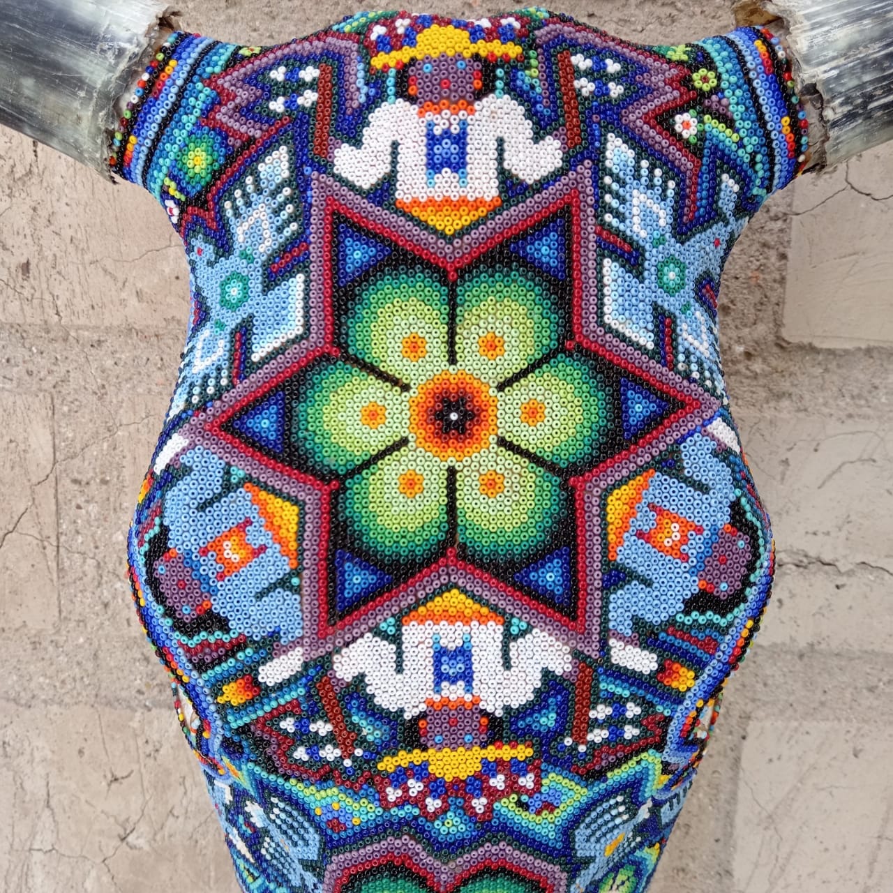 Exceptional Huichol Indian Hand Beaded Mexican Folk Art Authentic Bull Skull By Jose Manuel Ramirez  PP6996