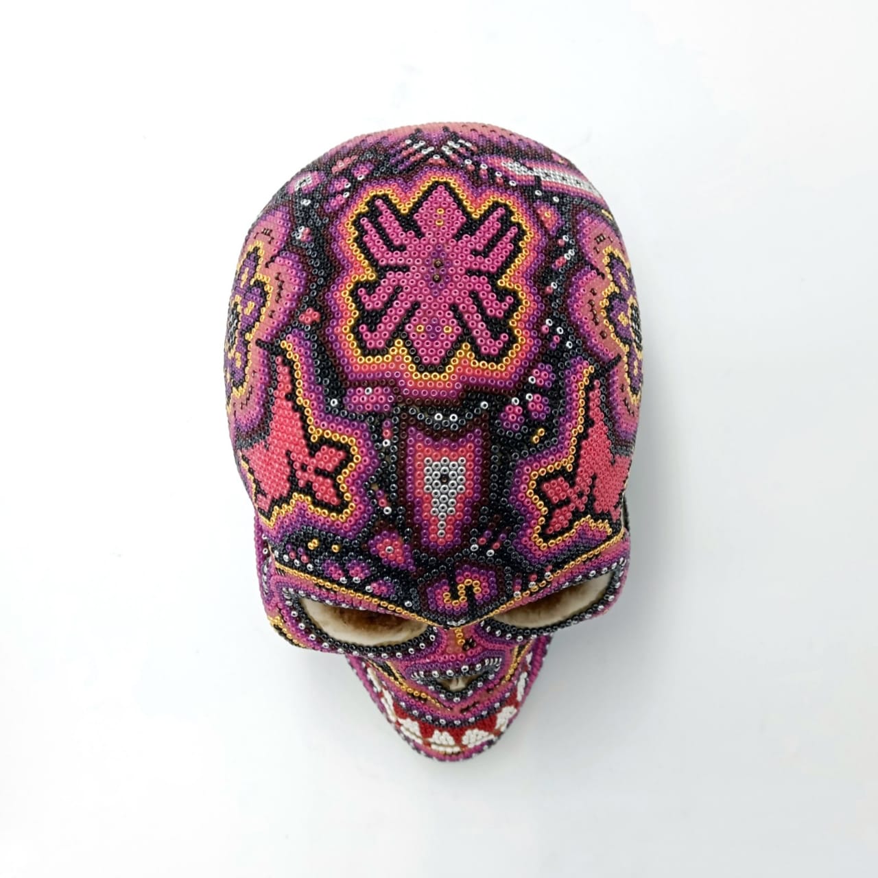 Gorgeous Huichol Hand Beaded Cast Resin Human Skull By Isandro Lopez PP6950