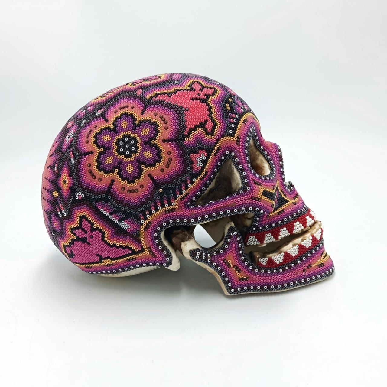 Gorgeous Huichol Hand Beaded Cast Resin Human Skull By Isandro Lopez PP6950