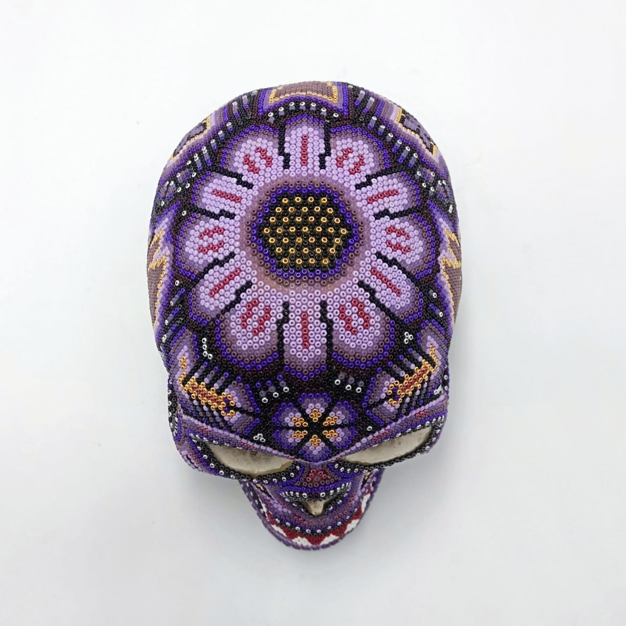 Gorgeous Huichol Hand Beaded Cast Resin Human Skull By Isandro Lopez PP6951