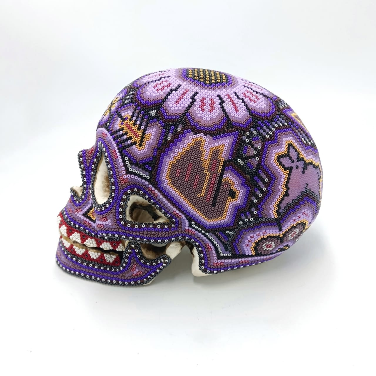 Gorgeous Huichol Hand Beaded Cast Resin Human Skull By Isandro Lopez PP6951