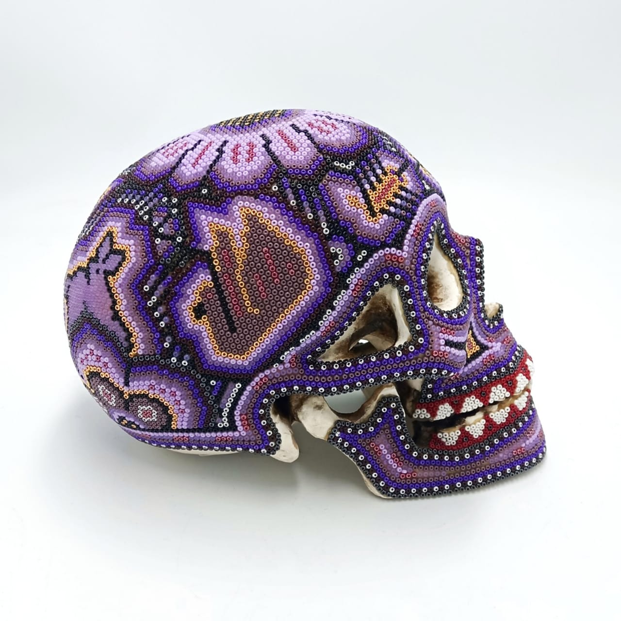 Gorgeous Huichol Hand Beaded Cast Resin Human Skull By Isandro Lopez PP6951