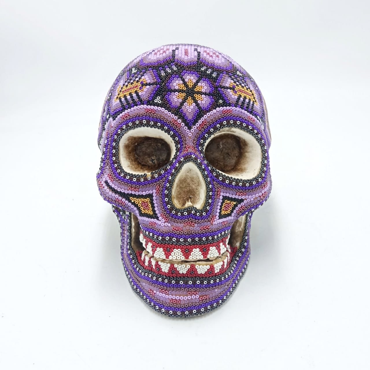 Gorgeous Huichol Hand Beaded Cast Resin Human Skull By Isandro Lopez PP6951