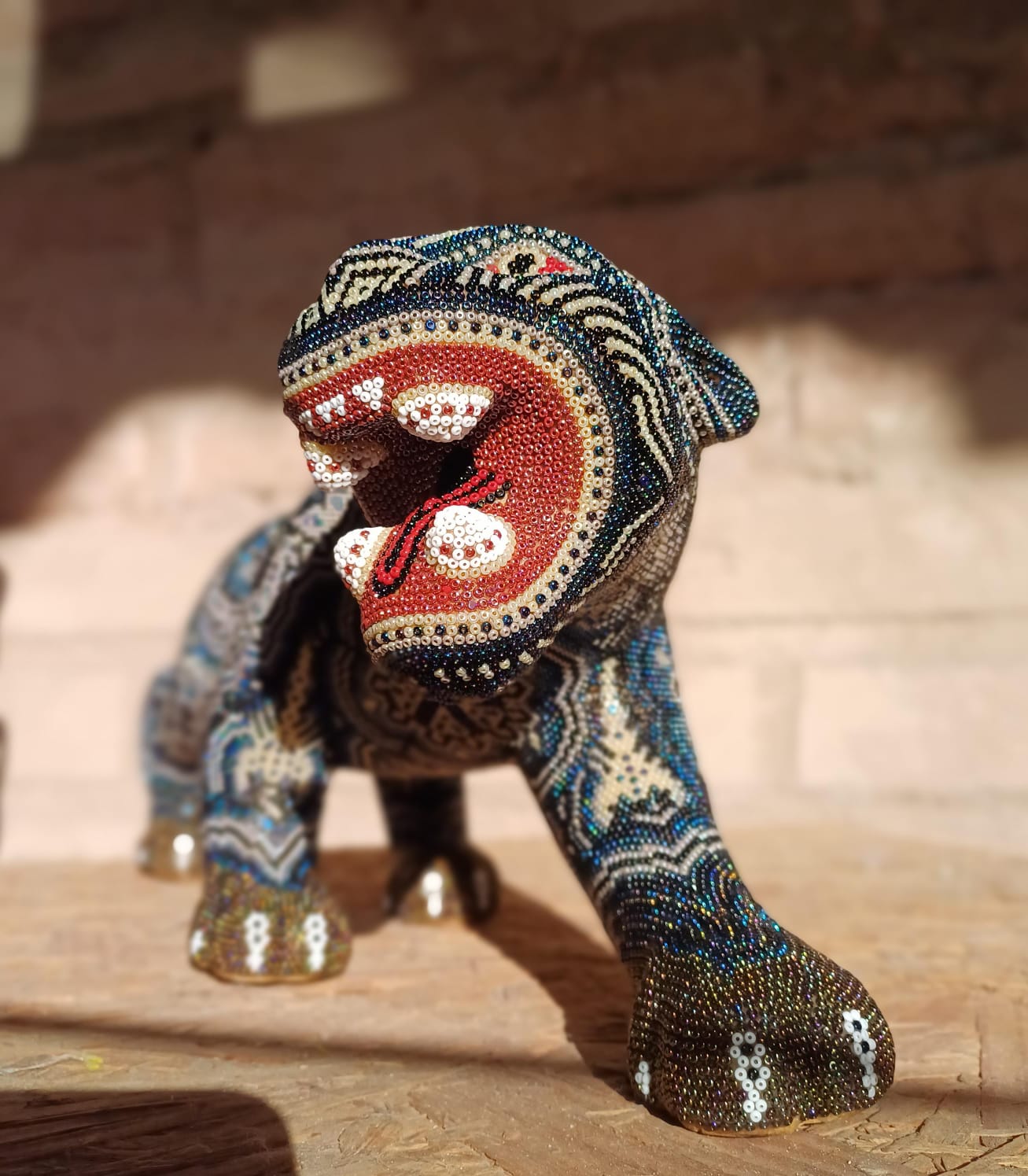 Hand Beaded Huichol Indian Mexican Folk Art Jaguar By Florencio Lopez PP6975