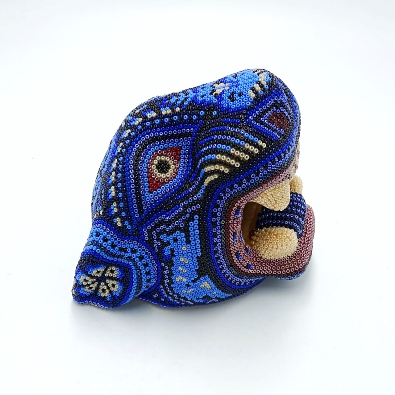 Hand Beaded Huichol Mexican Folk Art Jaguar Head By Morelia Lopez PP6977