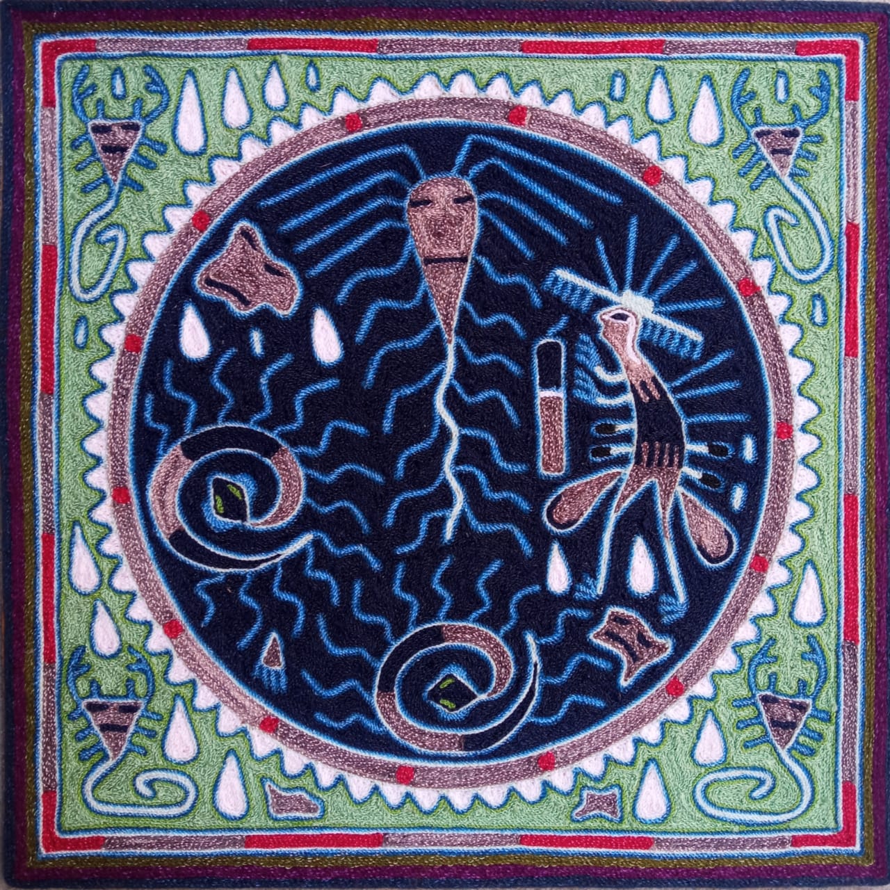 Huichol Indian Mexican Folk Art Yarn Painting  by Silverio Gonzalez Rios PP6881