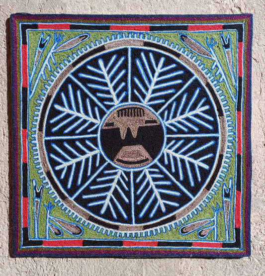 Huichol Indian Mexican Folk Art Yarn Painting By Silverio Gonzalez Rios PP7022