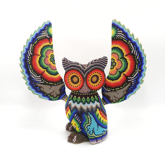 Hand Beaded Huichol Indian Mexican Folk Art Owl By Florencio Lopez PP7037