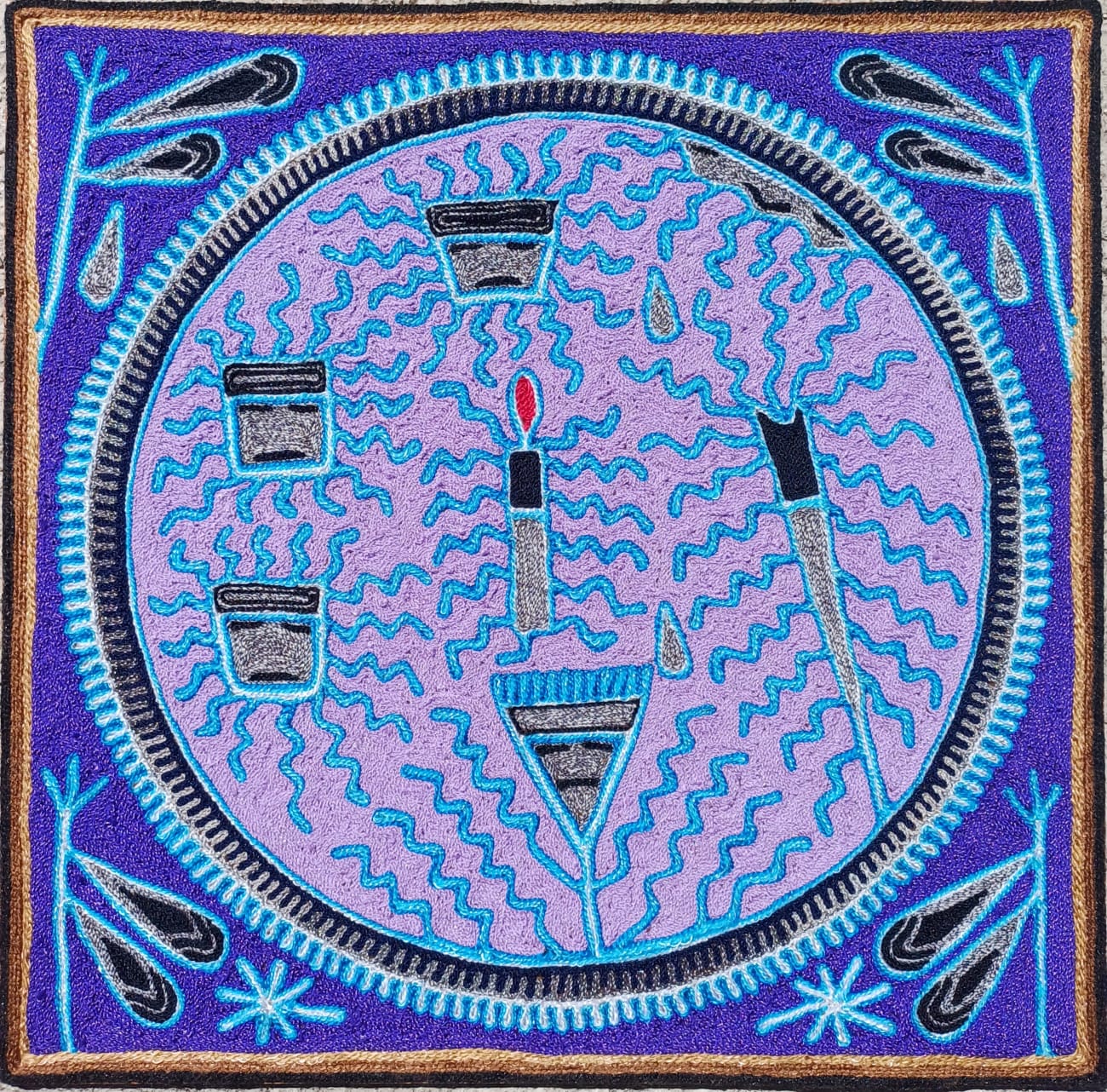 Huichol Indian Mexican Folk Art Yarn Painting By Silverio Gonzalez Rios PP7061