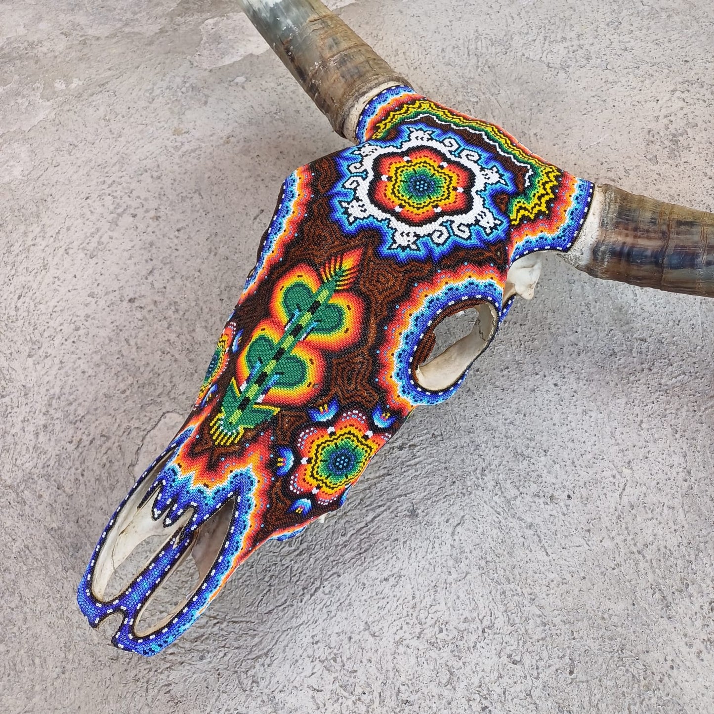 Outstanding Huichol Indian Hand Beaded Bull Skull By Santos Bautista PP7053