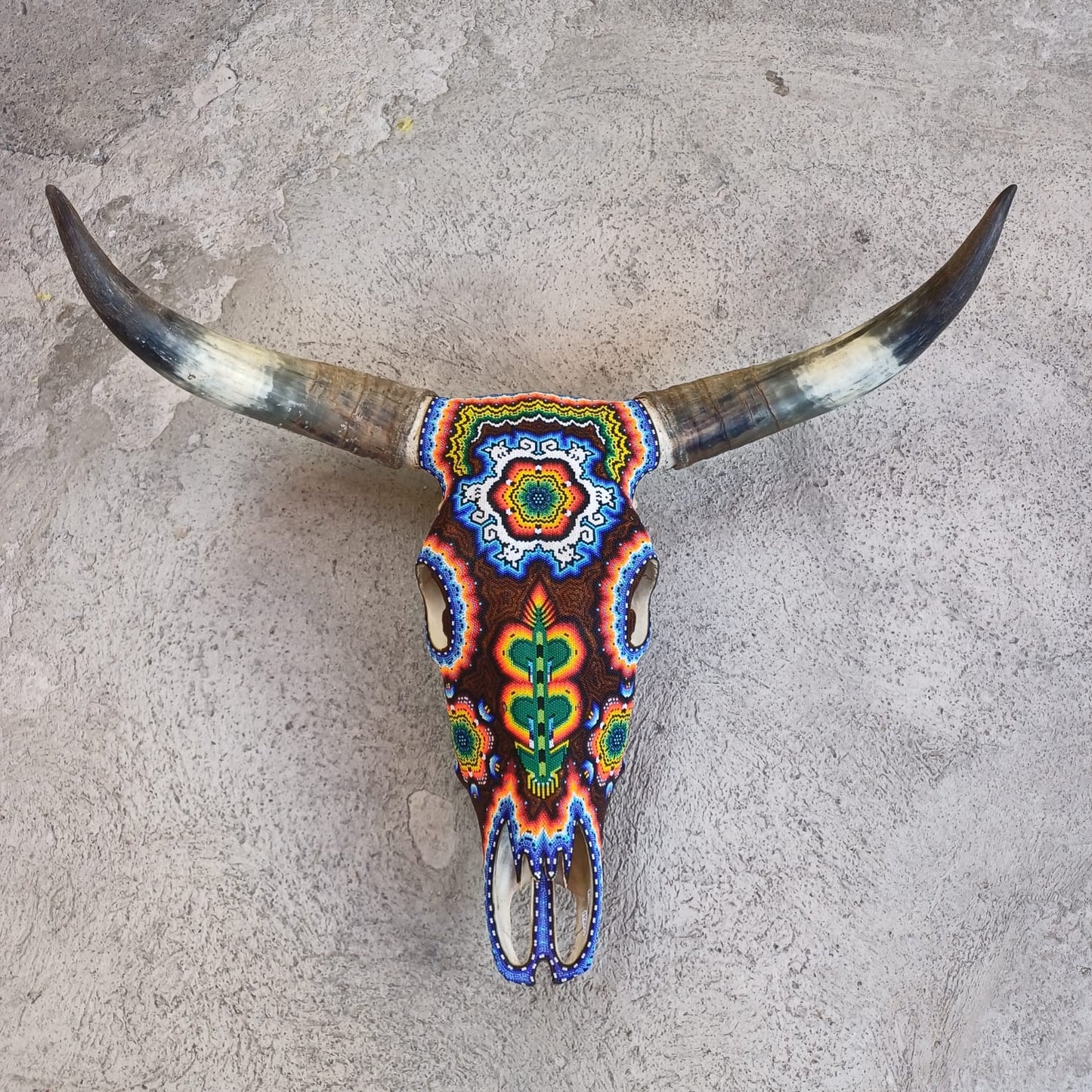 Outstanding Huichol Indian Hand Beaded Bull Skull By Santos Bautista PP7053