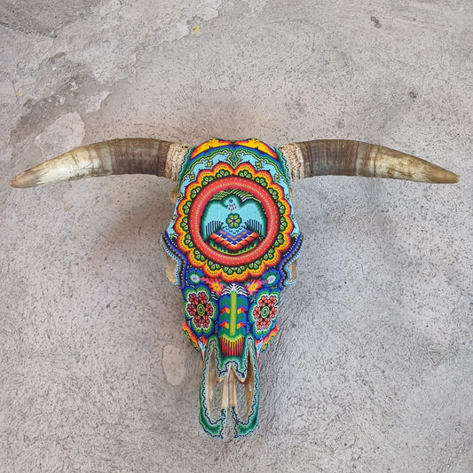 Outstanding Huichol Indian Hand Beaded Bull Skull By Santos Bautista PP7051