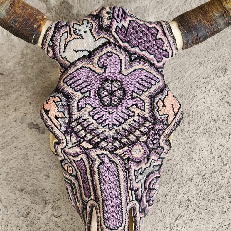 Hand Beaded Huichol Mexican Folk Art Bull Skull By Isandro Villa Lopez PP7071