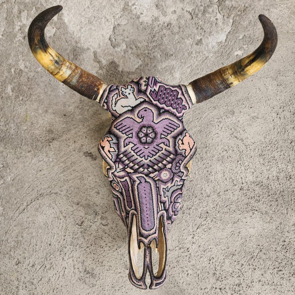 Hand Beaded Huichol Mexican Folk Art Bull Skull By Isandro Villa Lopez PP7071