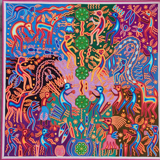 Phenomenal Huichol Indian Mexican Folk Art Yarn Painting by Fidencio Benitez PP7131