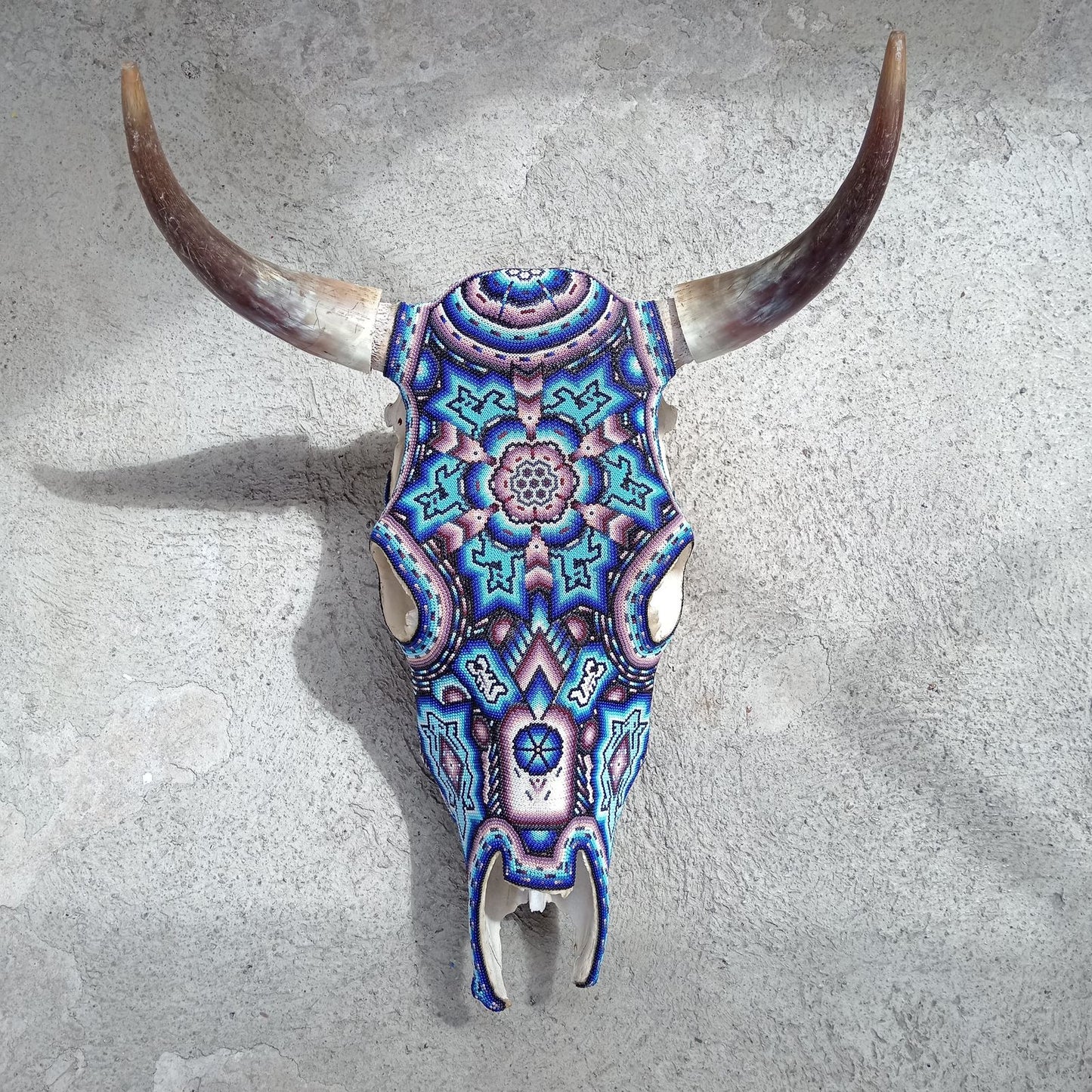 Hand Beaded Huichol Mexican Folk Art Bull Skull, By Isandro Villa Lopez PP7229