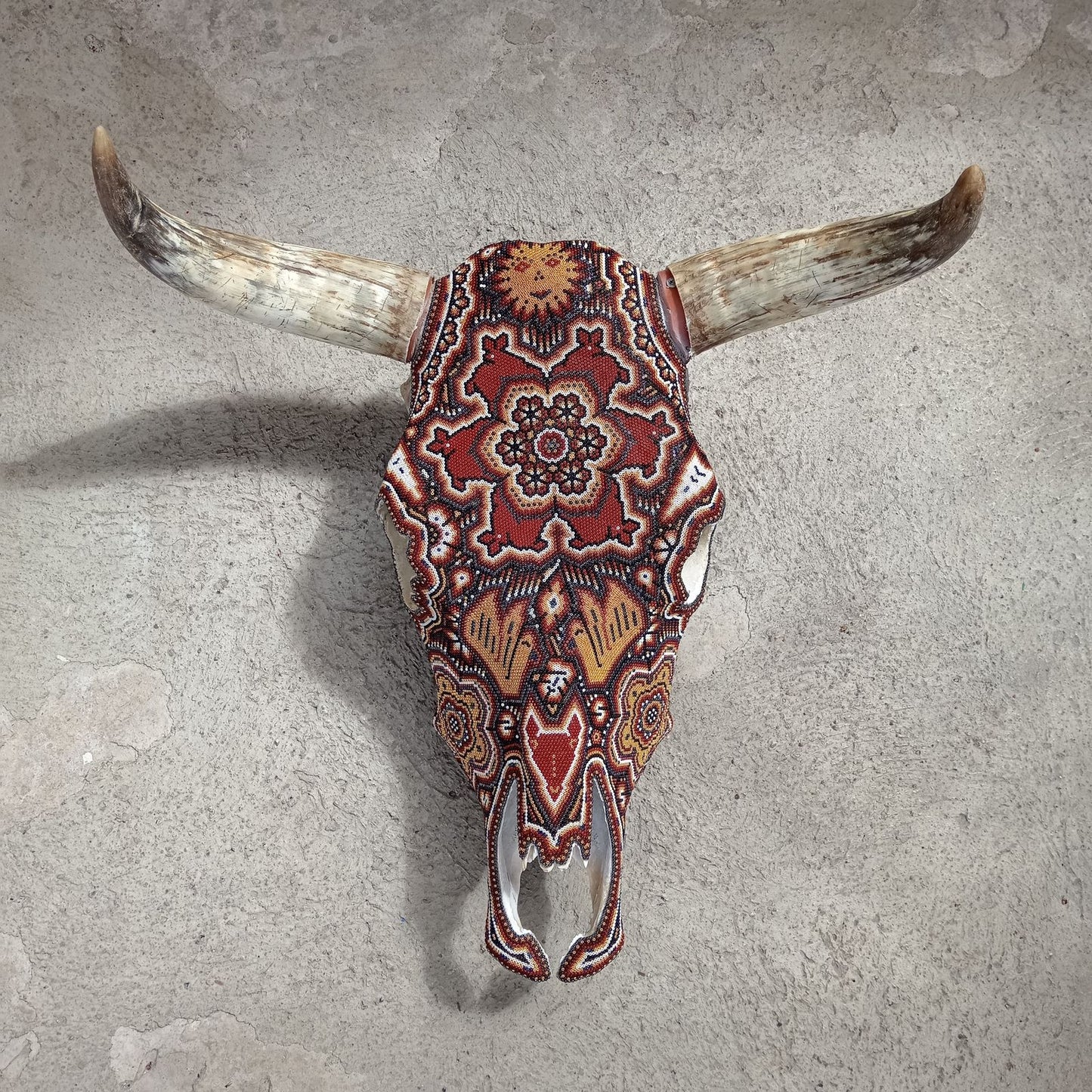 Hand Beaded Huichol Mexican Folk Art Bull Skull, By Isandro Villa Lopez PP7231