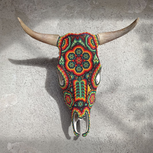 Hand Beaded Huichol Mexican Folk Art Bull Skull, By Isandro Villa Lopez PP7232