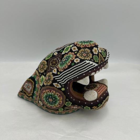 Huichol Indian Mexican Folk Art Micro Bead Jaguar Head By Juan de la Cruz PP7234