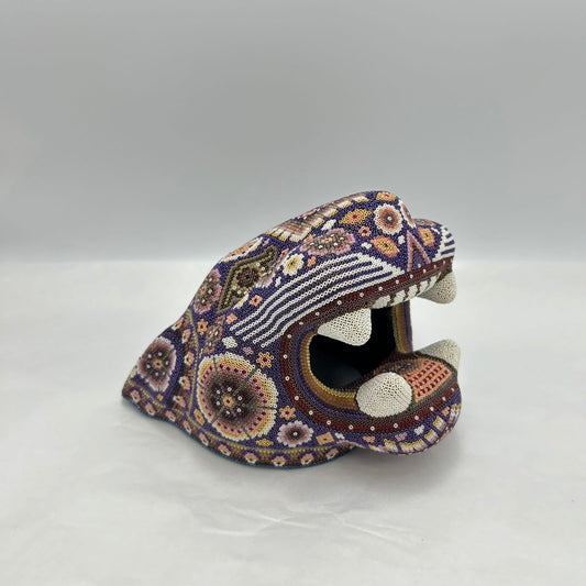 Huichol Indian Mexican Folk Art Micro Bead Jaguar Head By Juan de la Cruz PP7236