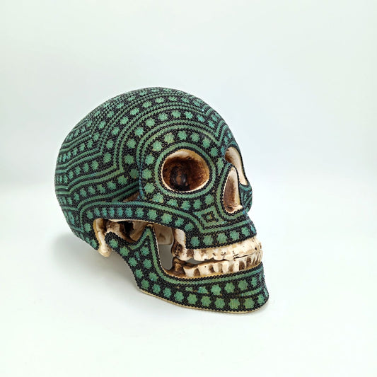 Huichol Hand Beaded Cast Resin Human Skull By Santos Bautista PP7299