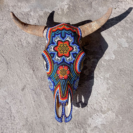 Huichol Indian Hand Beaded Bull Skull By Santos Bautista PP7300