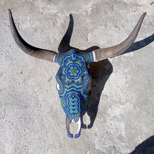 Huichol Indian Hand Beaded Bull Skull By Santos Bautista PP7301