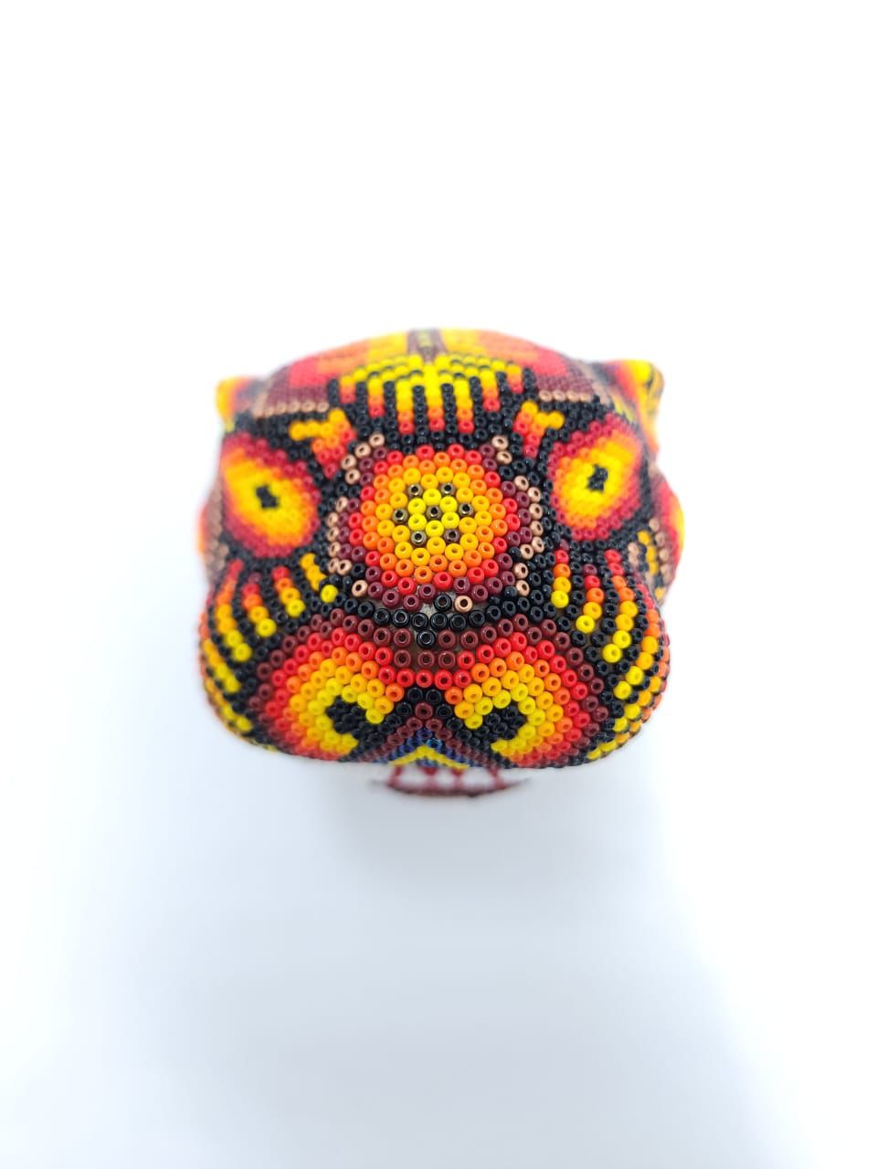 Huichol Hand Beaded Jaguar Head By Octaviano Villa Lopez PP7334