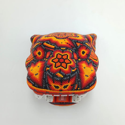 Huichol Mexican Hand Beaded Jaguar Head By Isandro Villa Lopez PP7363