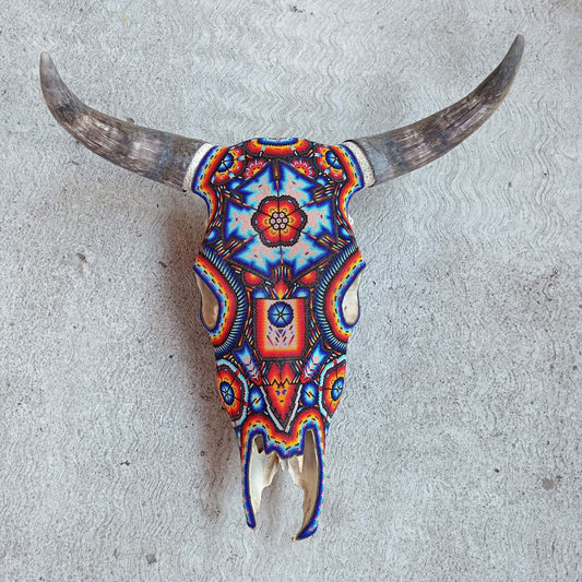 Huichol Mexican Art Hand Beaded Bull Skull By Isandro Villa Lopez PP7411