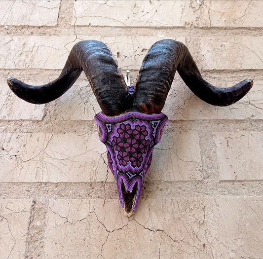 Huichol Indian Hand Beaded Cast Resin Sheep Skull By Morelia Lopez PP7422