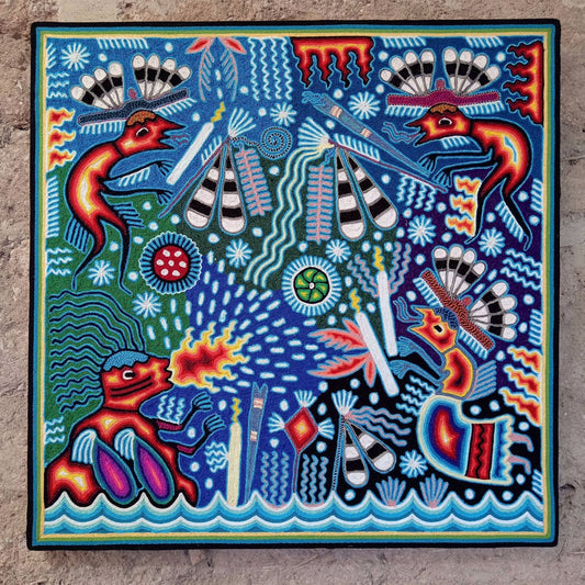 Huichol Mexican Folk Art Yarn Painting  By Maximino Renteria PP7440