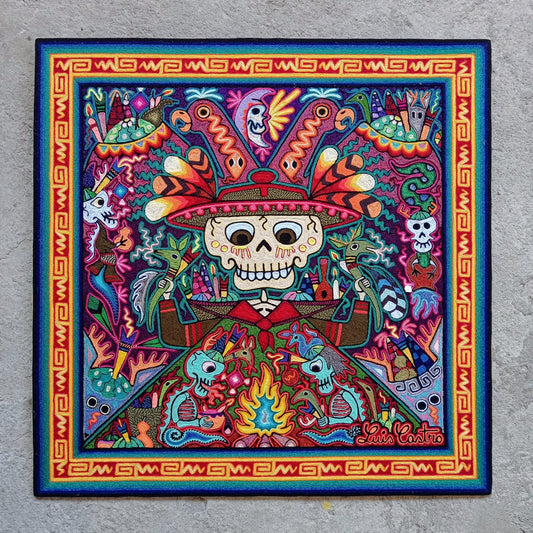 Mexican Folk Art Huichol Indian Yarn Painting by Luis Castro PP7458