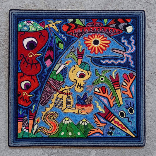 Mexican Folk Art Huichol Indian Yarn Painting by Luis Castro PP7461