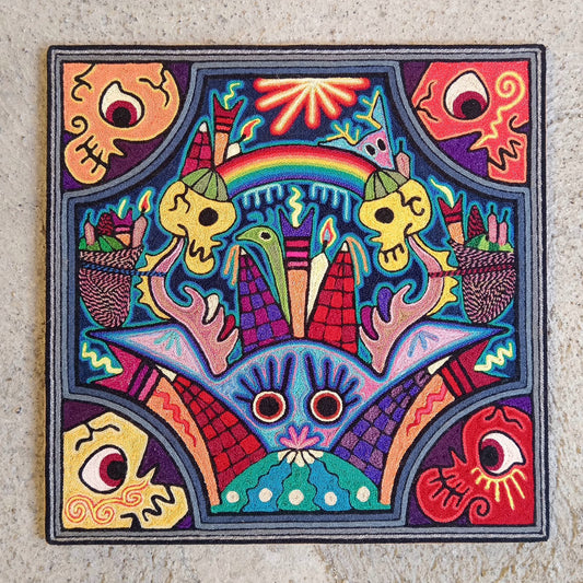 Mexican Folk Art Huichol Indian Yarn Painting by Luis Castro PP7463