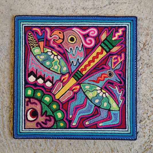 Mexican Folk Art Huichol Indian Yarn Painting by Luis Castro PP7464