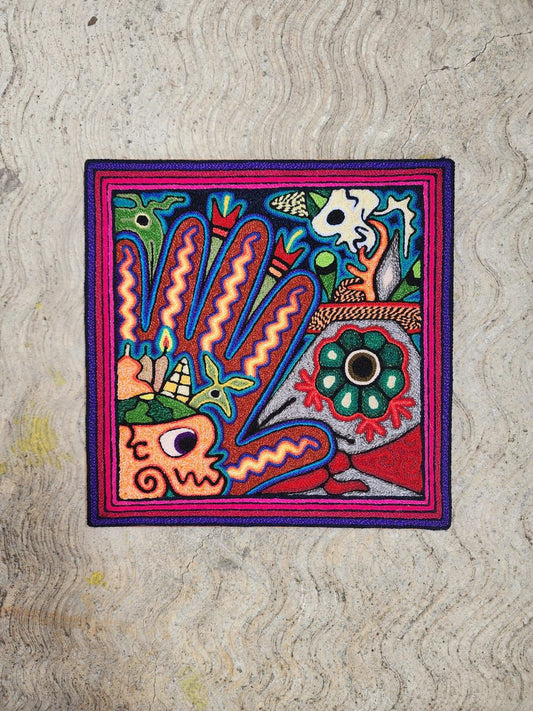 Mexican Folk Art Huichol Indian Yarn Painting by Luis Castro PP7474