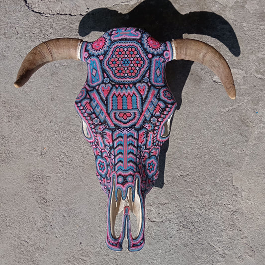 Huichol Indian Hand Beaded Bull Skull By Honorio Villa Lopez PP7486